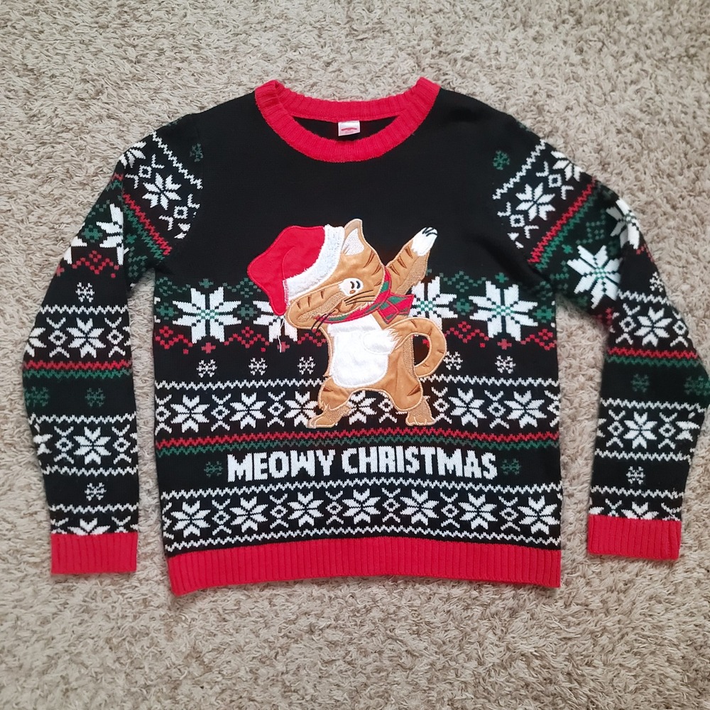 Holiday Time Ugly Christmas Sweater XL 14-16 Husky Black Meowy‎ Christmas Cat